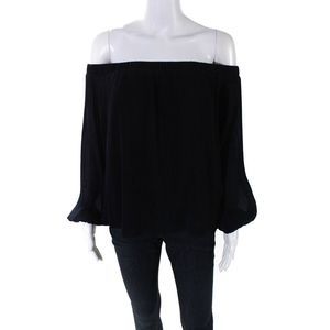 JOA Los Angeles Womens Off The Shoulder Accordion Pleat Blouse Navy Blue Medium